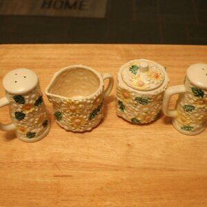 Vintage Porcelain Japenese Sugar, Creamer, Salt & Pepper Shaker w/ Yellow Flower